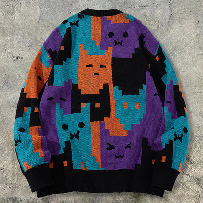 Colorful oversized sweater with pixel art cat faces in purple, orange, teal, and black, FashionRay style