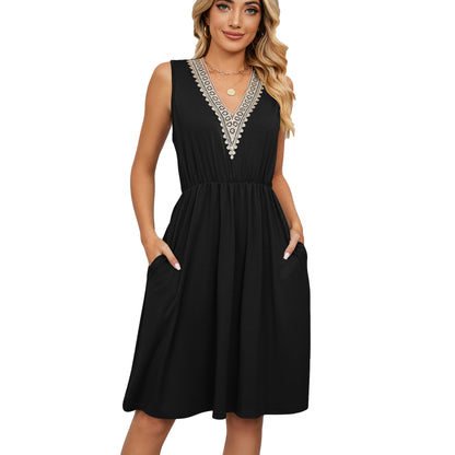 Woman in sleeveless black midi dress with lace V-neck, trendy FashionRay style