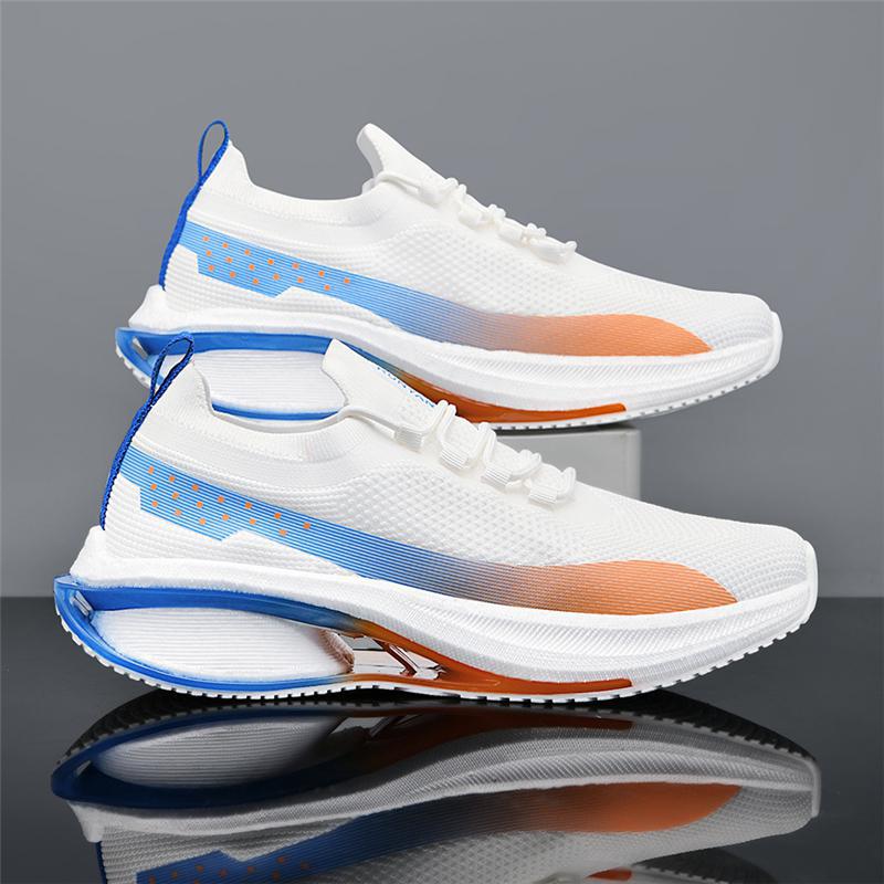 FashionRay white athletic sneakers with blue and orange accents on a grey background