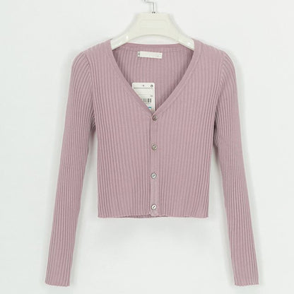 Lilac ribbed knit cardigan with buttons, trendy women's fashion from FashionRay
