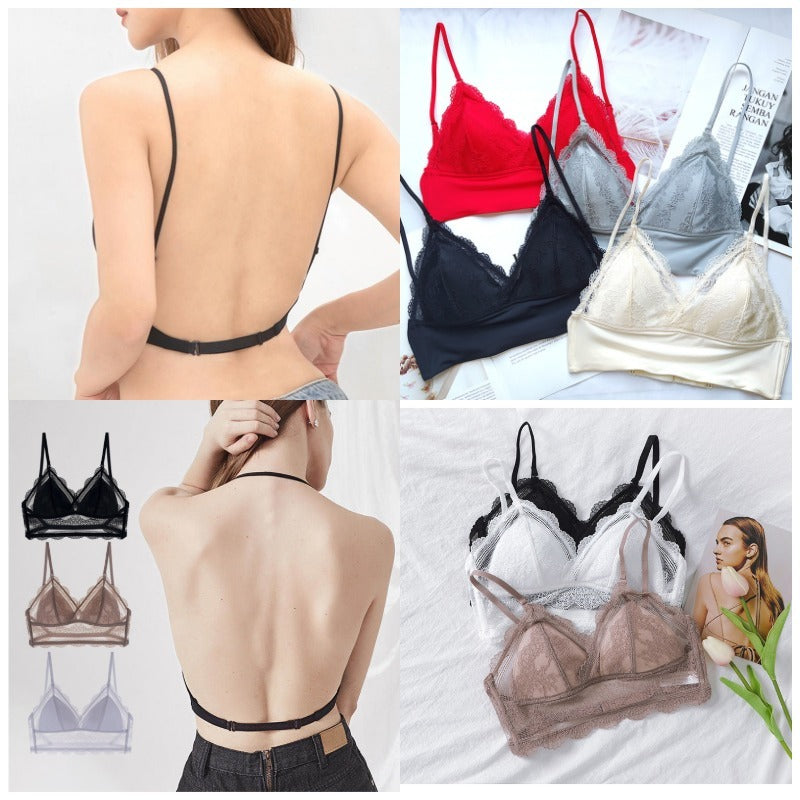 FashionRay lace bralettes in various colors, featuring strappy backless designs, displayed flat and worn.
