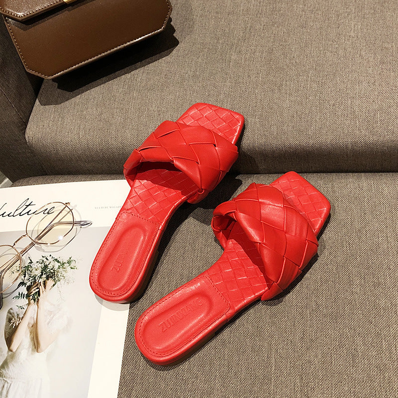 FashionRay red woven slide sandals on a sofa, trendy summer footwear for women