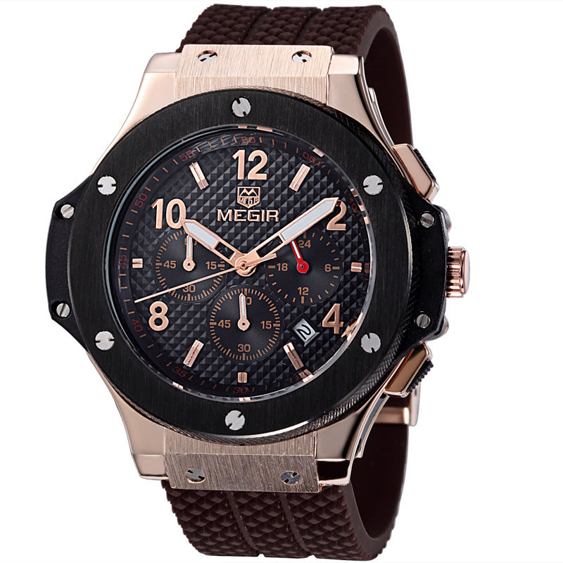 Men’s MEGIR chronograph wristwatch with black and gold dial, brown textured strap