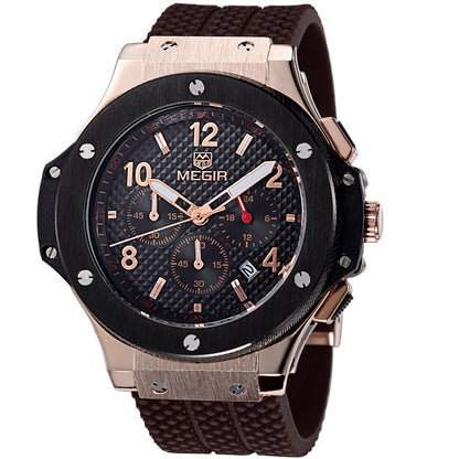 Men’s MEGIR chronograph wristwatch with black and gold dial, brown textured strap