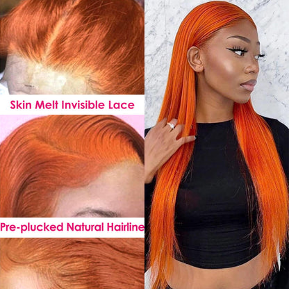 Vivid orange straight lace front wig with skin melt invisible lace and pre-plucked natural hairline, FashionRay style.