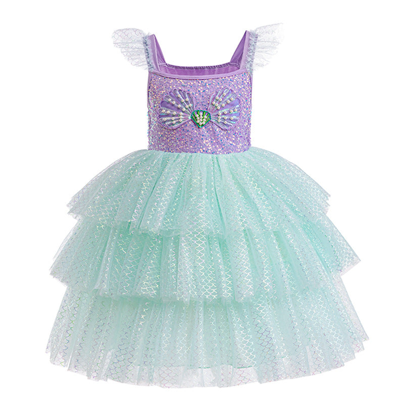 Girls' mermaid-inspired lavender and mint tulle dress with sequin shell bodice, FashionRay