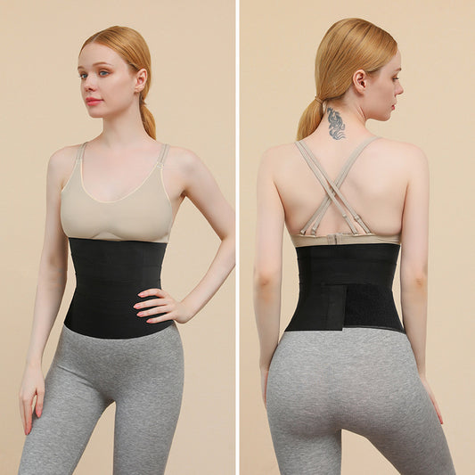 Woman modeling FashionRay black waist trainer with beige crop top and gray leggings, front and back view.