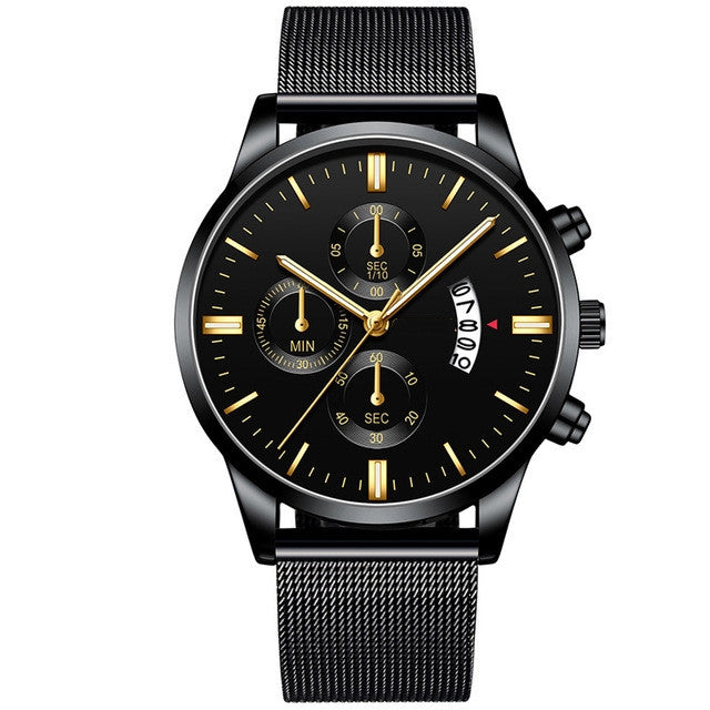 Sleek black and gold men's chronograph wristwatch with mesh strap, FashionRay style