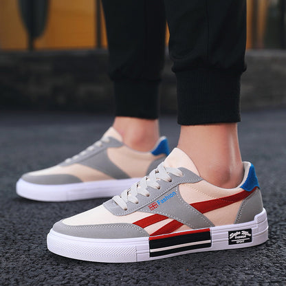 FashionRay sporty casual sneakers with red and gray accents, lace-up, worn outdoors