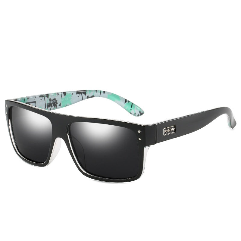 Trendy black square sunglasses with palm print arms, FashionRay stylish eyewear