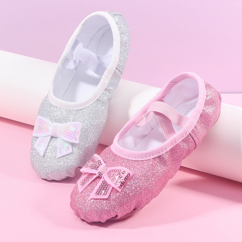 Silver and pink glitter ballet flats with sequin bows, cute girls' shoes from FashionRay