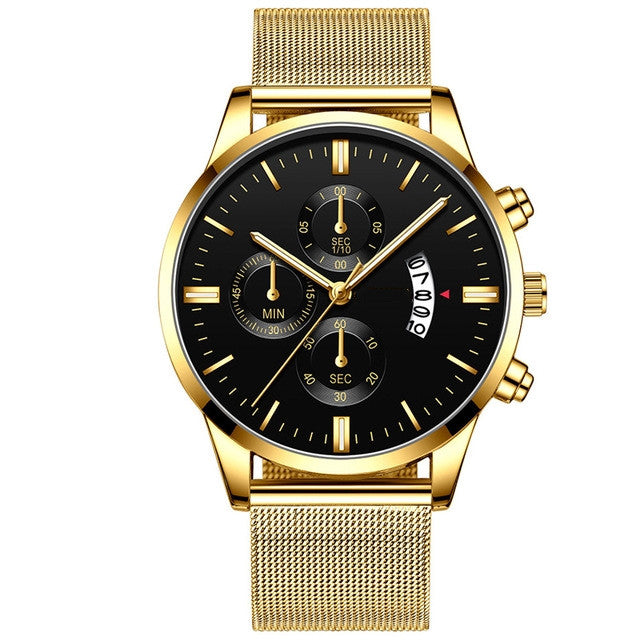Gold mesh strap men's chronograph watch with black dial, modern luxury design from FashionRay