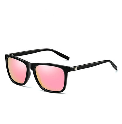 Trendy black square sunglasses with pink mirrored lenses, FashionRay eyewear style
