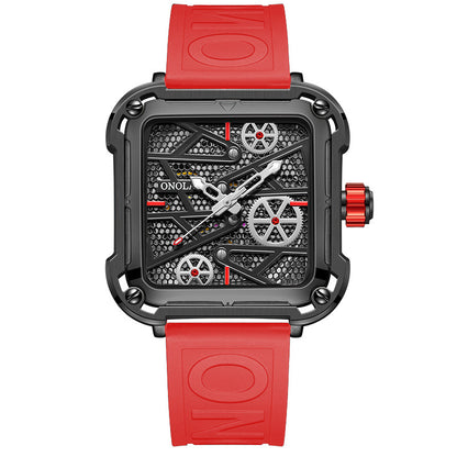 Square black skeleton watch with red silicone strap, visible gears, modern FashionRay style