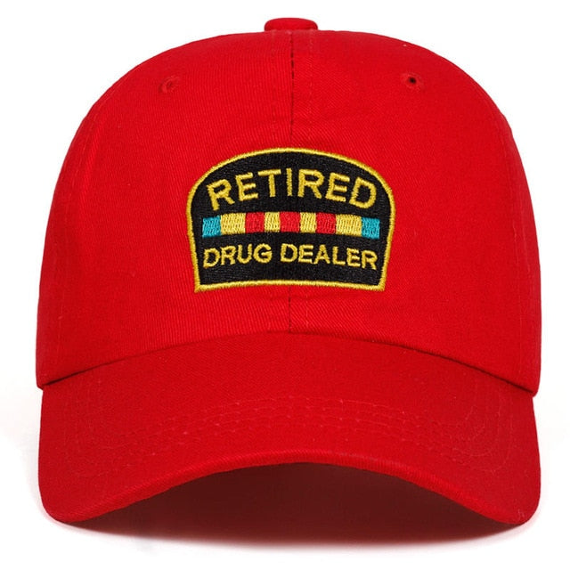 Red baseball cap with embroidered 'Retired Drug Dealer' text, FashionRay apparel