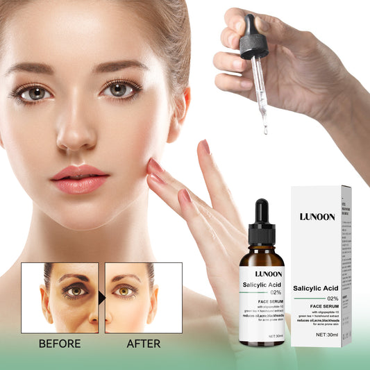 Woman applying Lunoon salicylic acid face serum, before and after skincare results, FashionRay