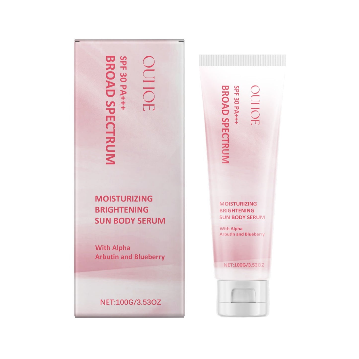 OUHOE moisturizing brightening sun body serum SPF 30 PA+++ with Alpha Arbutin and blueberry, 100g tube and box