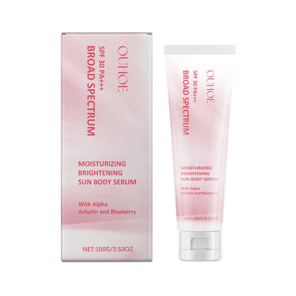 OUHOE moisturizing brightening sun body serum SPF 30 PA+++ with Alpha Arbutin and blueberry, 100g tube and box
