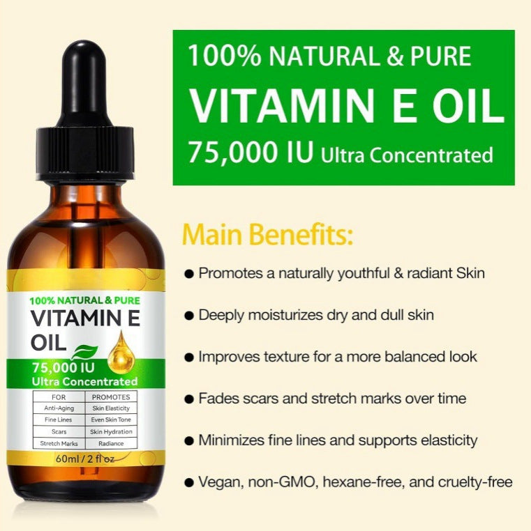 Vitamin E oil 75,000 IU bottle with main benefits listed, natural skincare product at FashionRay