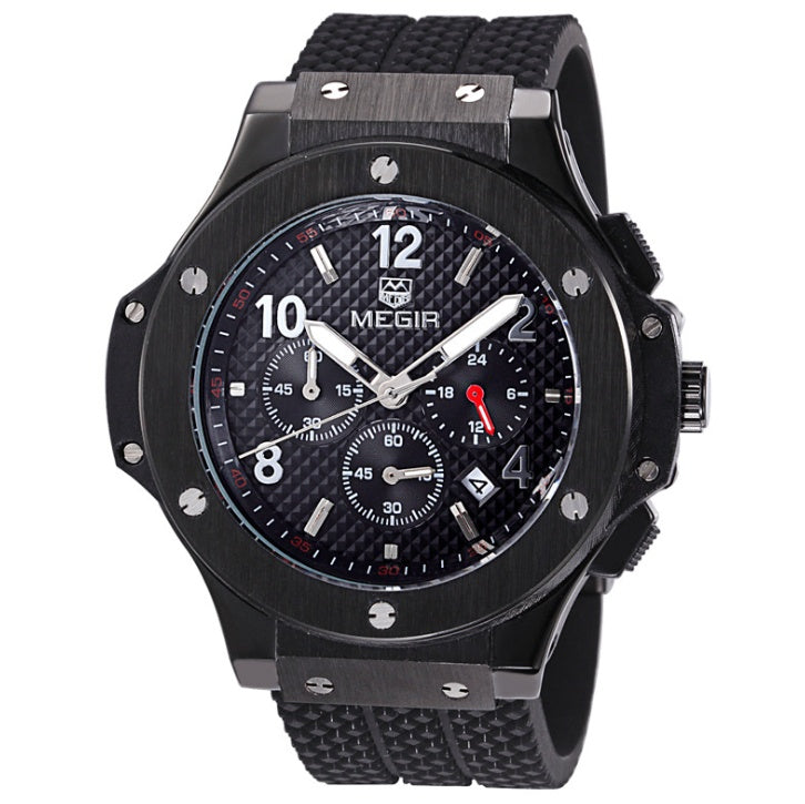 Men's black MEGIR chronograph watch with textured dial and rubber strap, FashionRay