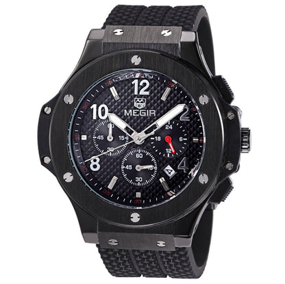 Men's black MEGIR chronograph watch with textured dial and rubber strap, FashionRay