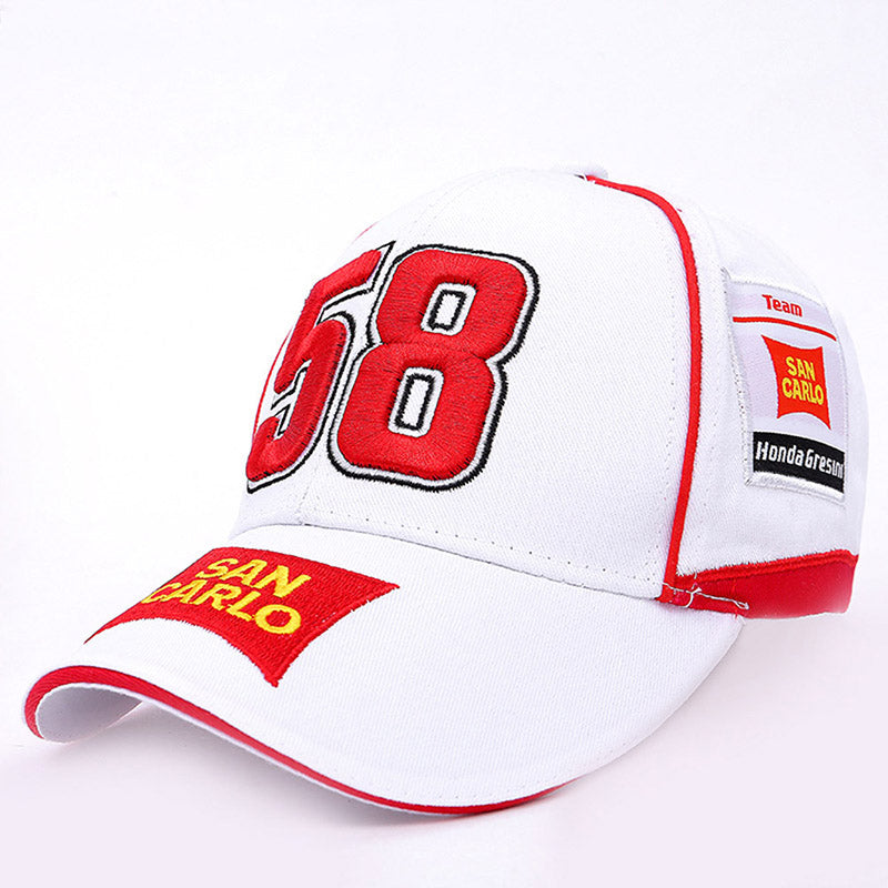 White and red San Carlo 58 baseball cap with embroidered team logos, FashionRay trendy accessory