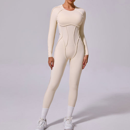 Woman modeling cream seamless long sleeve jumpsuit with sneakers, FashionRay style