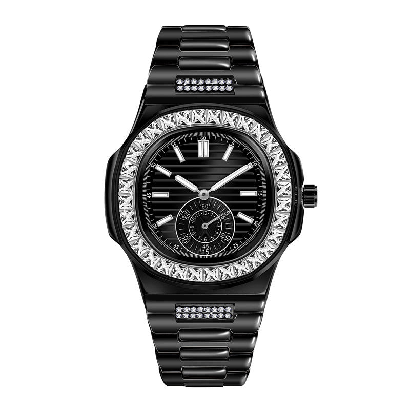 Black luxury watch with diamond accents on bezel and strap, stylish accessory from FashionRay