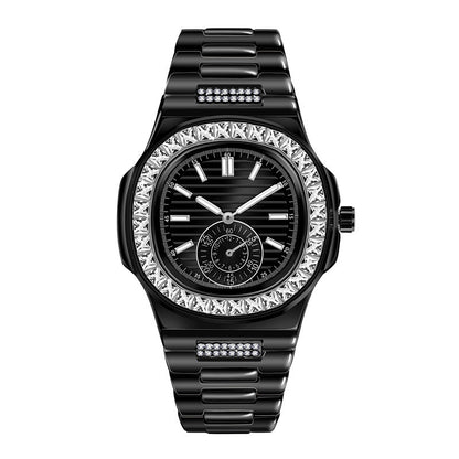 Black luxury watch with diamond accents on bezel and strap, stylish accessory from FashionRay