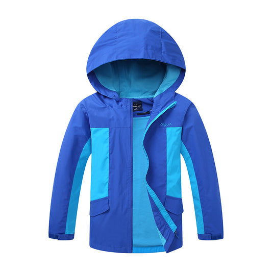 FashionRay blue hooded colorblock jacket with front pockets and zipper, trendy outerwear