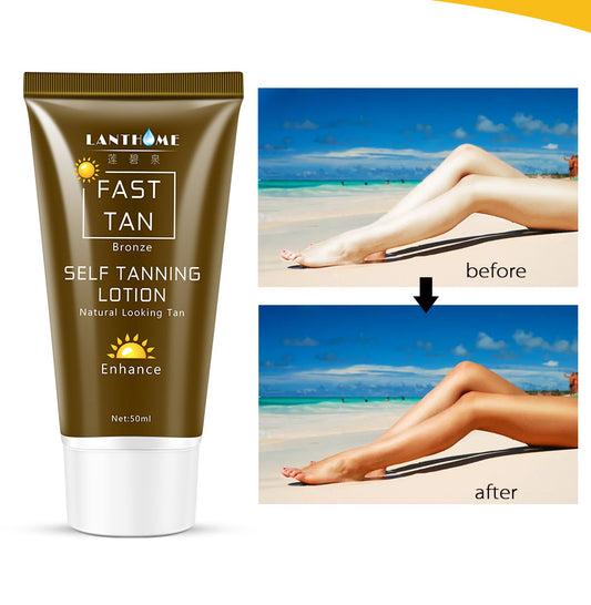Self tanning lotion product with before and after bronzed legs on a beach, FashionRay skincare