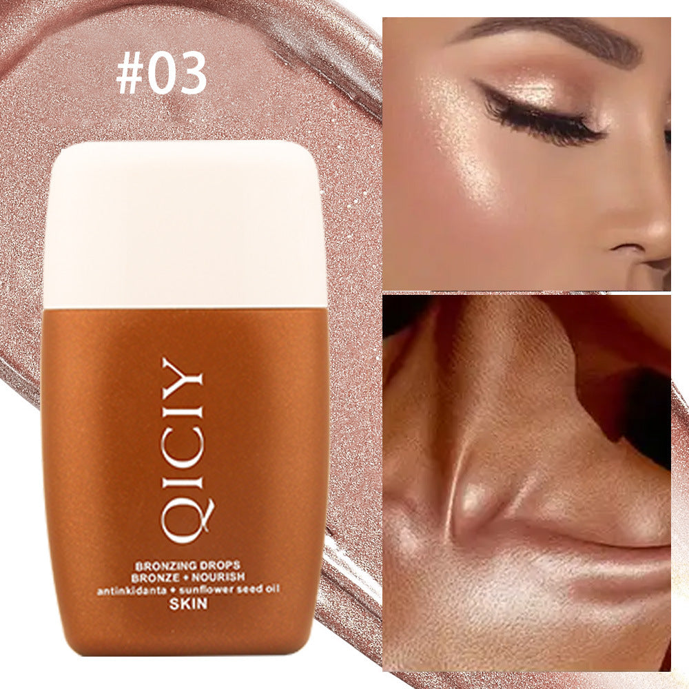 QICIY bronzing drops bottle with shimmer background and glowing skin makeup effect, FashionRay beauty product
