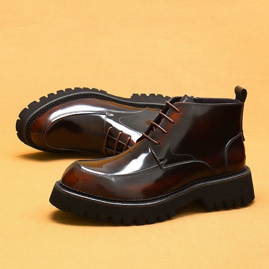 FashionRay glossy brown leather lace-up boots with chunky black soles on yellow background