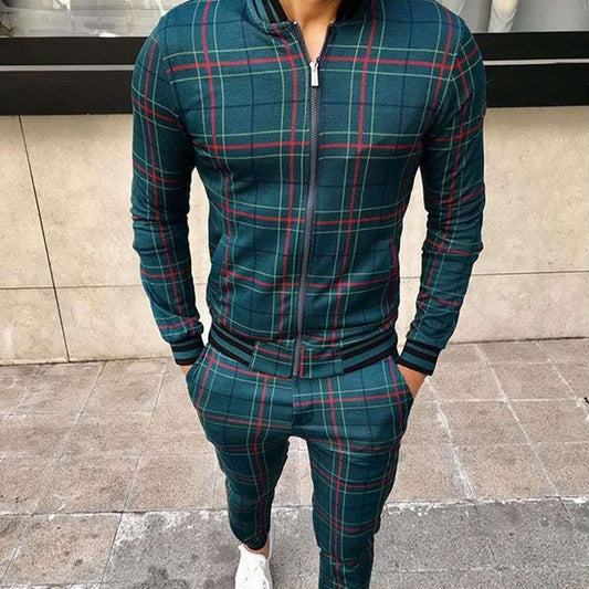 Man wearing green plaid tracksuit set, trendy urban fashion, FashionRay style