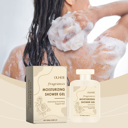 Woman using OUHOE moisturizing shower gel, showing lathered back and product packaging