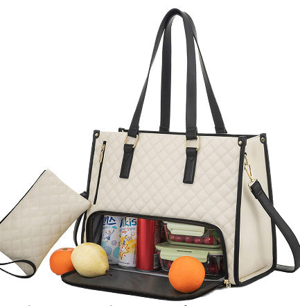 FashionRay quilted cream tote bag with black handles, food storage in bottom compartment, fruits and drinks displayed.