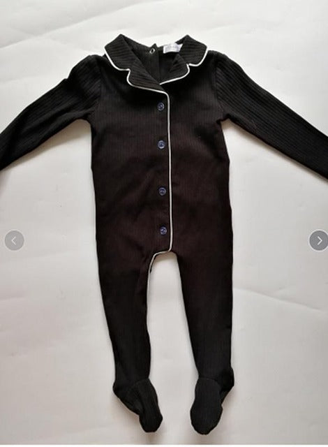 Black ribbed baby onesie with white trim and blue buttons, FashionRay trendy infant sleepwear
