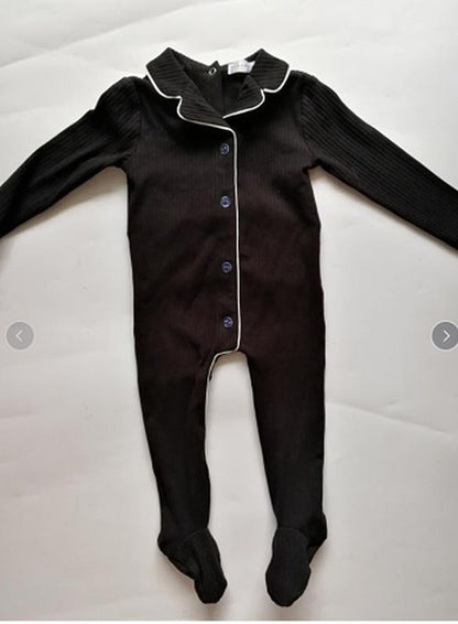 Black ribbed baby onesie with white trim and blue buttons, FashionRay trendy infant sleepwear