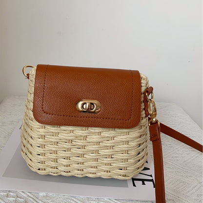 Trendy woven crossbody bag with brown leather flap and gold clasp from FashionRay