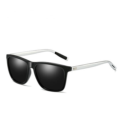 Black square-frame sunglasses with silver arms, trendy fashion accessory from FashionRay