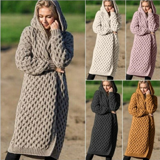 Woman wearing a long hooded chunky knit cardigan in multiple colors outdoors from FashionRay