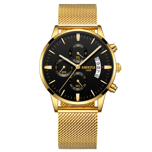 Gold mesh band men's wristwatch with black dial, featured on FashionRay