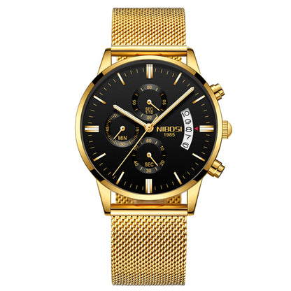 Gold mesh band men's wristwatch with black dial, featured on FashionRay
