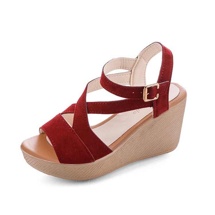 Red suede wedge sandal with ankle strap and gold buckle, FashionRay comfortable footwear