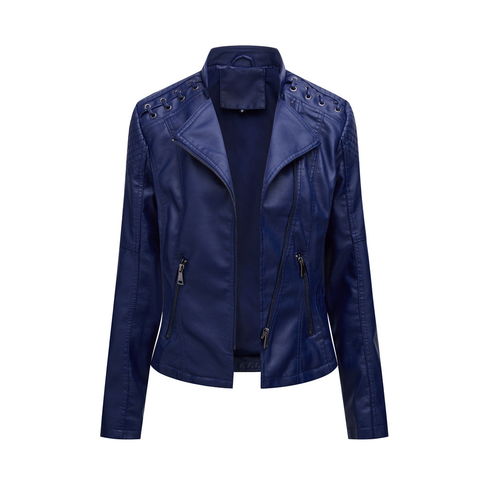 Women's trendy blue faux leather jacket with zipper pockets, FashionRay style