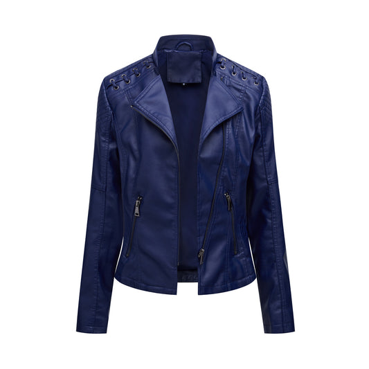 Women's trendy blue faux leather jacket with zipper pockets, FashionRay style