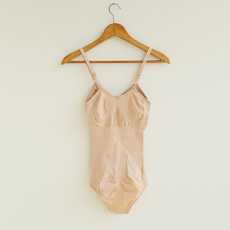 Beige shapewear bodysuit with adjustable straps on wooden hanger, FashionRay style