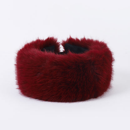 Plush burgundy faux fur headband on white background, FashionRay trendy accessory