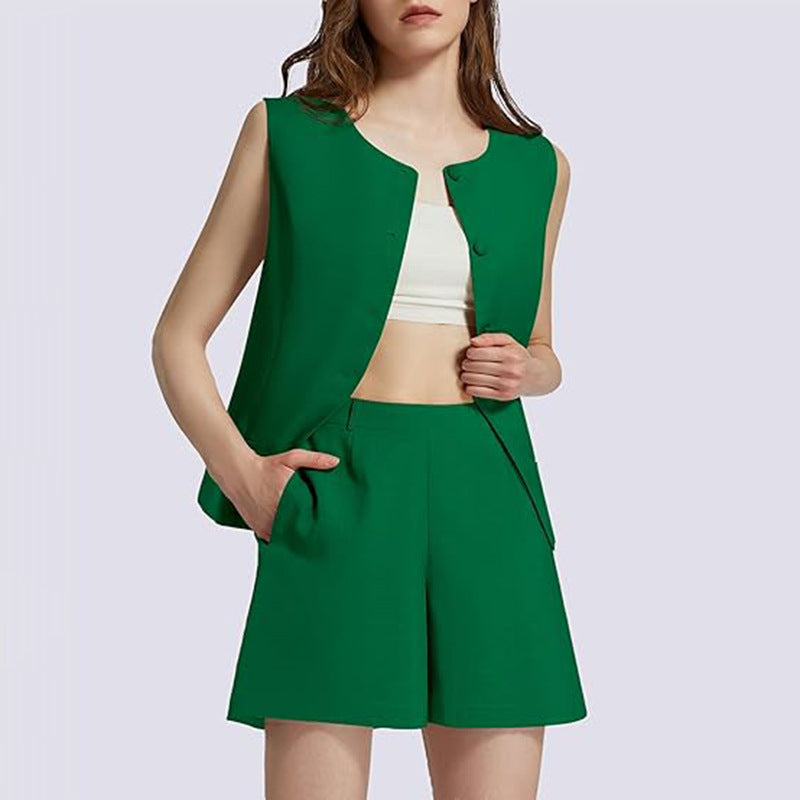 Woman in green vest and shorts set with white crop top, modern trendy FashionRay style