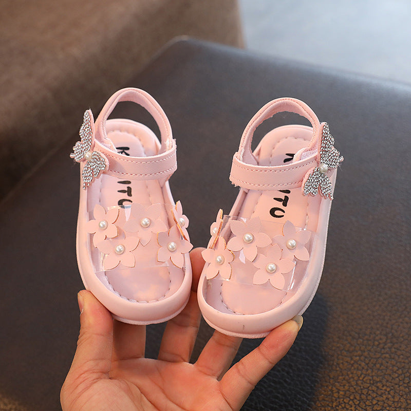 Pink baby sandals with flower and pearl details, butterfly accent, FashionRay kids shoes